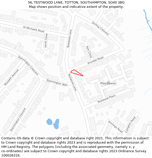 56, TESTWOOD LANE, TOTTON, SOUTHAMPTON, SO40 3BG: Location map and indicative extent of plot