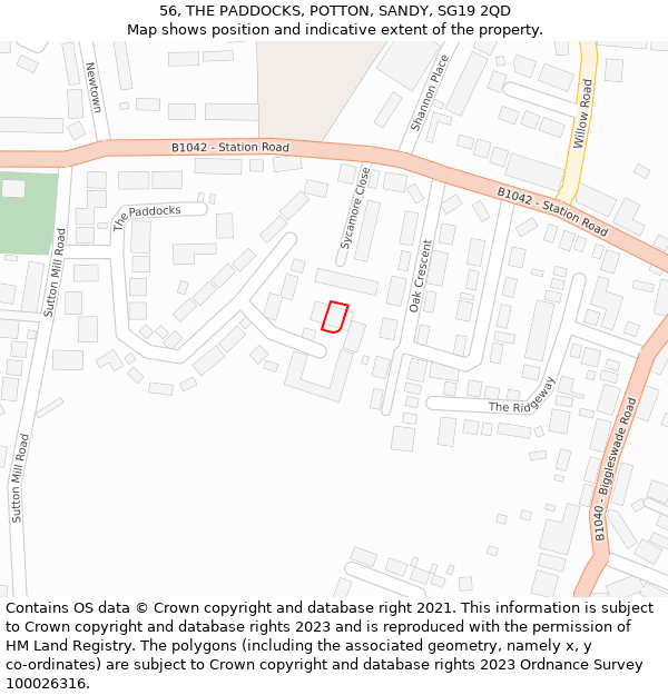 56, THE PADDOCKS, POTTON, SANDY, SG19 2QD: Location map and indicative extent of plot