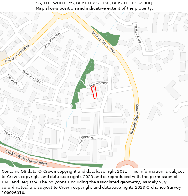 56, THE WORTHYS, BRADLEY STOKE, BRISTOL, BS32 8DQ: Location map and indicative extent of plot