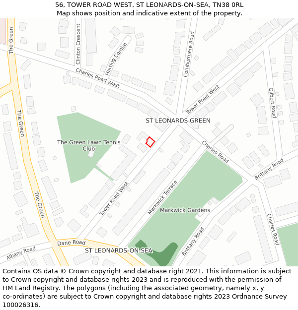 56, TOWER ROAD WEST, ST LEONARDS-ON-SEA, TN38 0RL: Location map and indicative extent of plot