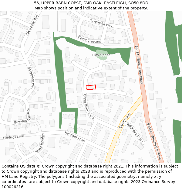 56, UPPER BARN COPSE, FAIR OAK, EASTLEIGH, SO50 8DD: Location map and indicative extent of plot