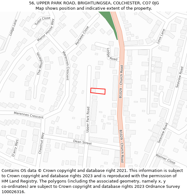 56, UPPER PARK ROAD, BRIGHTLINGSEA, COLCHESTER, CO7 0JG: Location map and indicative extent of plot