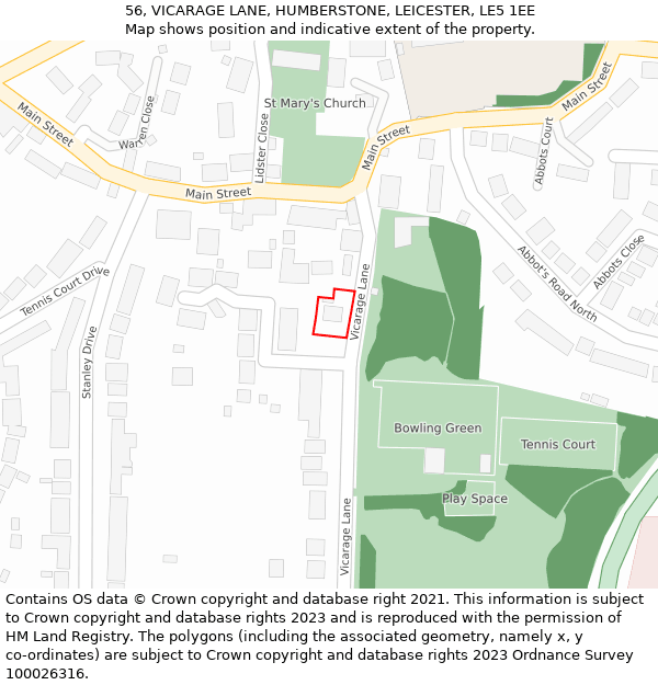 56, VICARAGE LANE, HUMBERSTONE, LEICESTER, LE5 1EE: Location map and indicative extent of plot