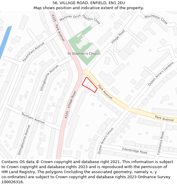 56, VILLAGE ROAD, ENFIELD, EN1 2EU: Location map and indicative extent of plot
