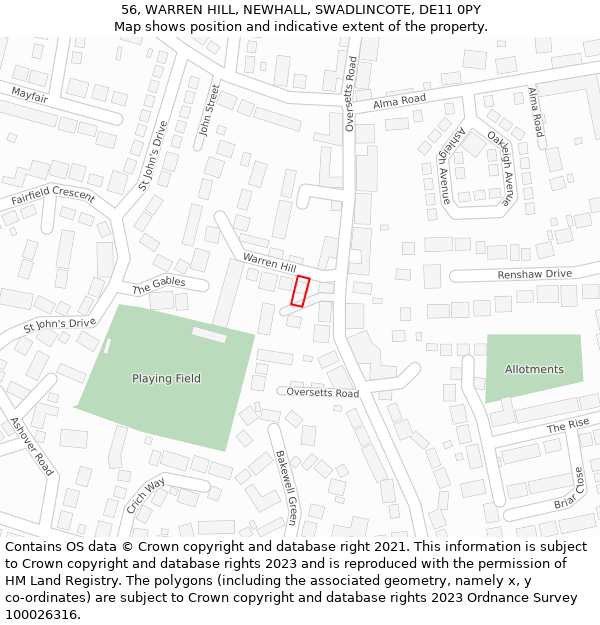 56, WARREN HILL, NEWHALL, SWADLINCOTE, DE11 0PY: Location map and indicative extent of plot