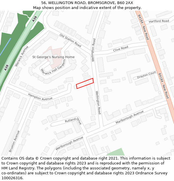 56, WELLINGTON ROAD, BROMSGROVE, B60 2AX: Location map and indicative extent of plot