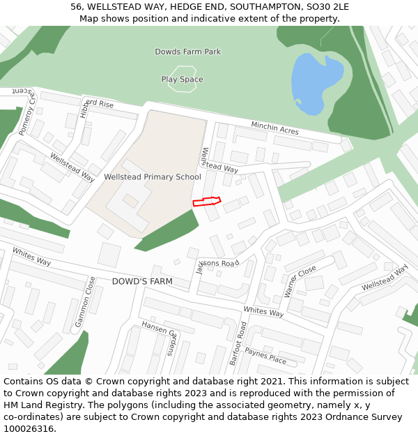 56, WELLSTEAD WAY, HEDGE END, SOUTHAMPTON, SO30 2LE: Location map and indicative extent of plot