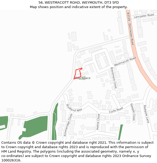 56, WESTMACOTT ROAD, WEYMOUTH, DT3 5FD: Location map and indicative extent of plot