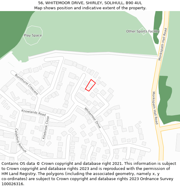 56, WHITEMOOR DRIVE, SHIRLEY, SOLIHULL, B90 4UL: Location map and indicative extent of plot