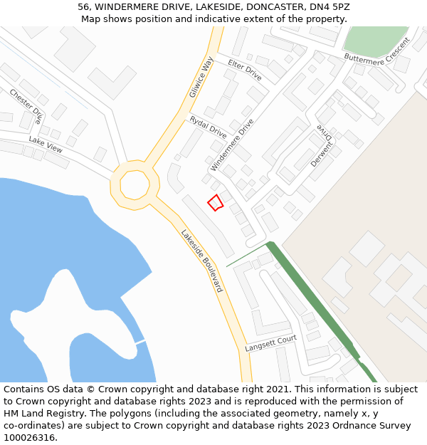 56, WINDERMERE DRIVE, LAKESIDE, DONCASTER, DN4 5PZ: Location map and indicative extent of plot