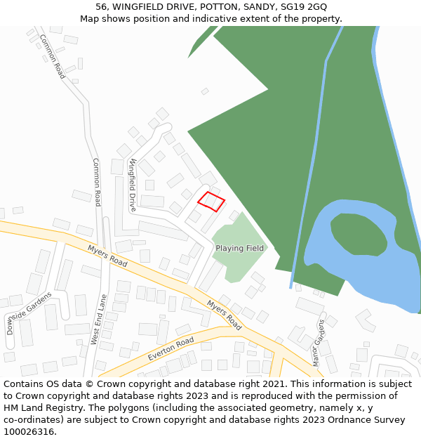 56, WINGFIELD DRIVE, POTTON, SANDY, SG19 2GQ: Location map and indicative extent of plot