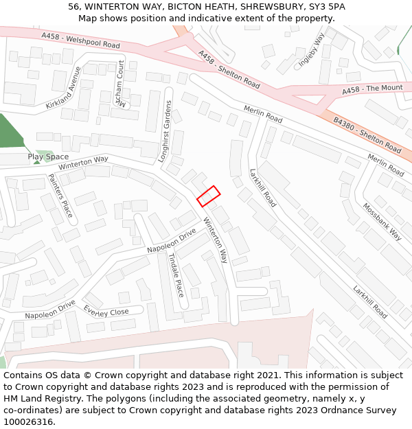 56, WINTERTON WAY, BICTON HEATH, SHREWSBURY, SY3 5PA: Location map and indicative extent of plot