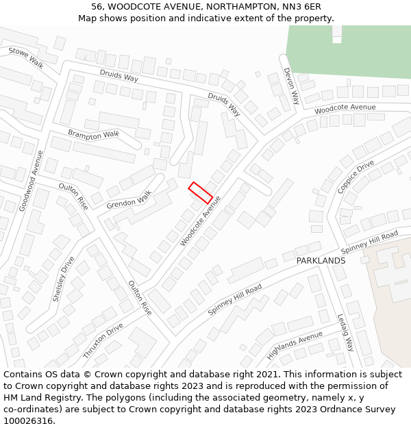 56, WOODCOTE AVENUE, NORTHAMPTON, NN3 6ER: Location map and indicative extent of plot