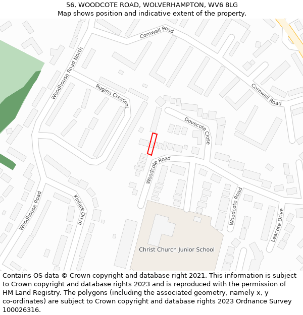 56, WOODCOTE ROAD, WOLVERHAMPTON, WV6 8LG: Location map and indicative extent of plot