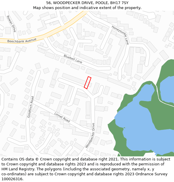 56, WOODPECKER DRIVE, POOLE, BH17 7SY: Location map and indicative extent of plot