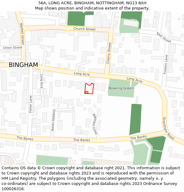 56A, LONG ACRE, BINGHAM, NOTTINGHAM, NG13 8AH: Location map and indicative extent of plot