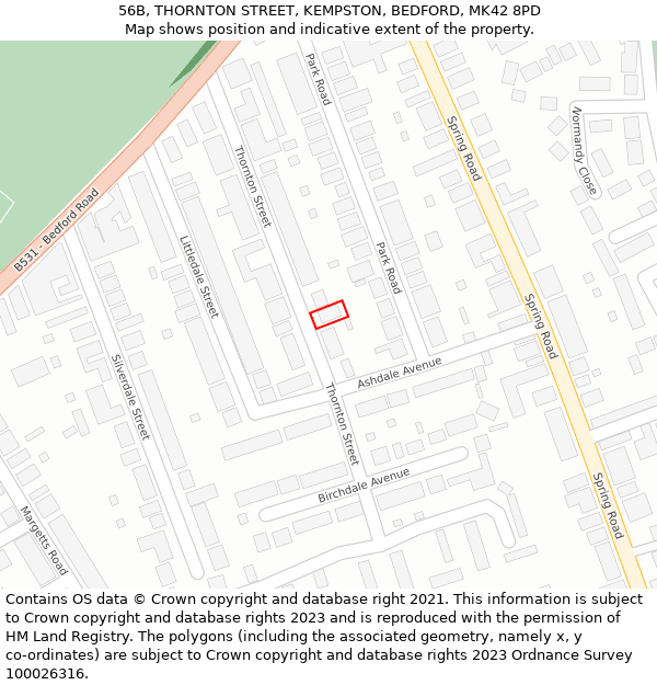 56B, THORNTON STREET, KEMPSTON, BEDFORD, MK42 8PD: Location map and indicative extent of plot