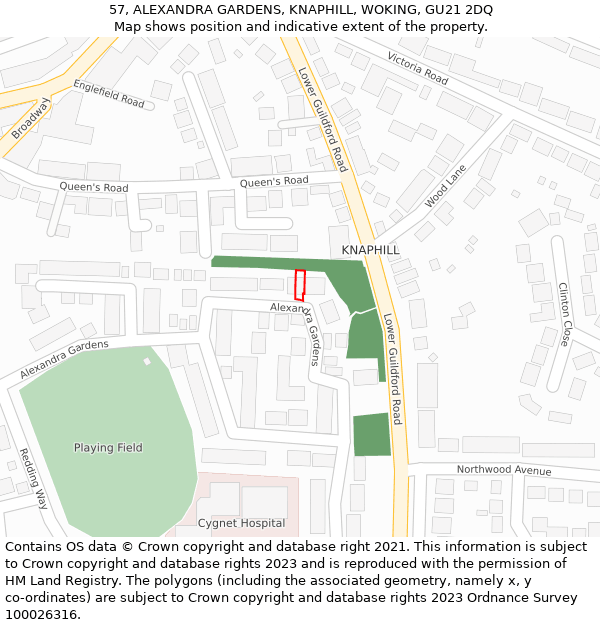 57, ALEXANDRA GARDENS, KNAPHILL, WOKING, GU21 2DQ: Location map and indicative extent of plot