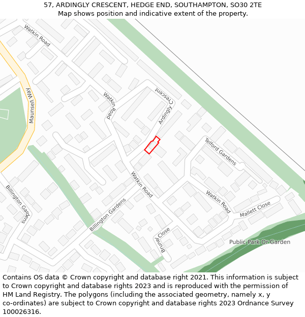 57, ARDINGLY CRESCENT, HEDGE END, SOUTHAMPTON, SO30 2TE: Location map and indicative extent of plot