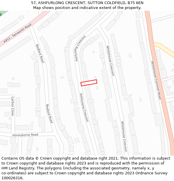 57, ASHFURLONG CRESCENT, SUTTON COLDFIELD, B75 6EN: Location map and indicative extent of plot