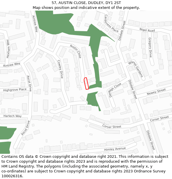 57, AUSTIN CLOSE, DUDLEY, DY1 2ST: Location map and indicative extent of plot