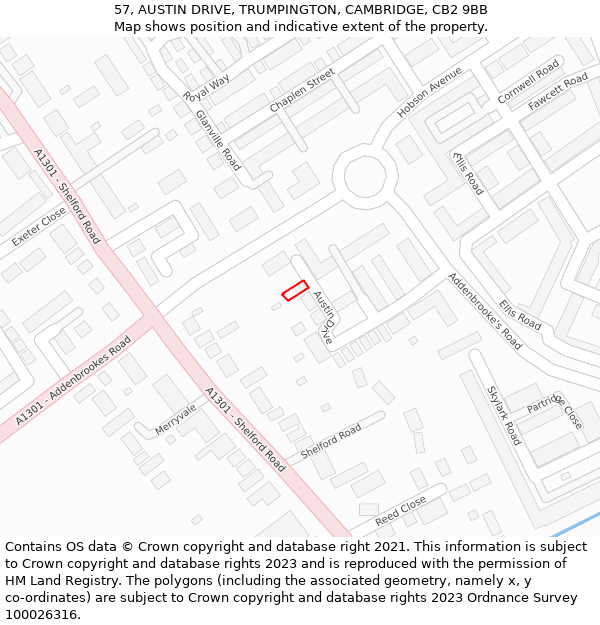 57, AUSTIN DRIVE, TRUMPINGTON, CAMBRIDGE, CB2 9BB: Location map and indicative extent of plot