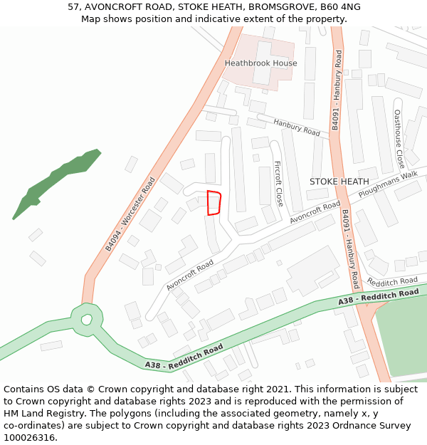 57, AVONCROFT ROAD, STOKE HEATH, BROMSGROVE, B60 4NG: Location map and indicative extent of plot