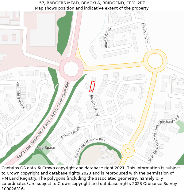 57, BADGERS MEAD, BRACKLA, BRIDGEND, CF31 2PZ: Location map and indicative extent of plot