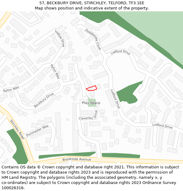 57, BECKBURY DRIVE, STIRCHLEY, TELFORD, TF3 1EE: Location map and indicative extent of plot