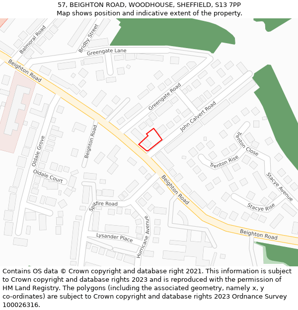 57, BEIGHTON ROAD, WOODHOUSE, SHEFFIELD, S13 7PP: Location map and indicative extent of plot