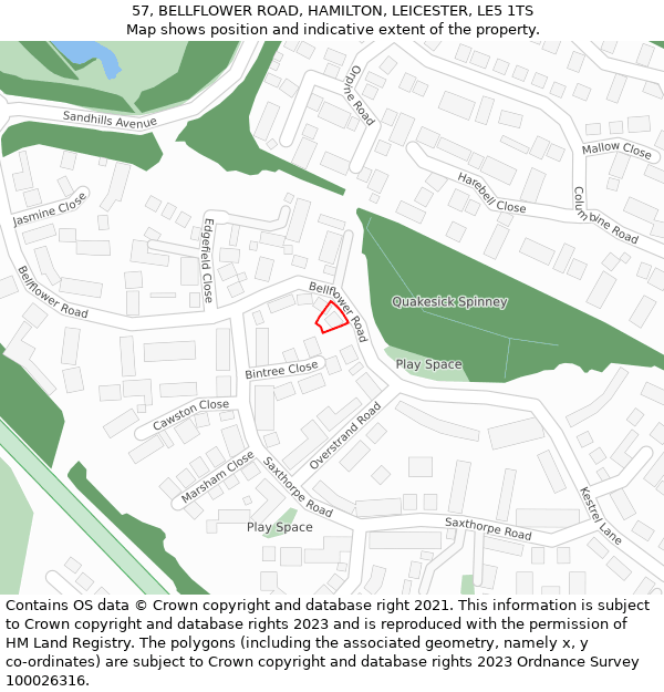 57, BELLFLOWER ROAD, HAMILTON, LEICESTER, LE5 1TS: Location map and indicative extent of plot