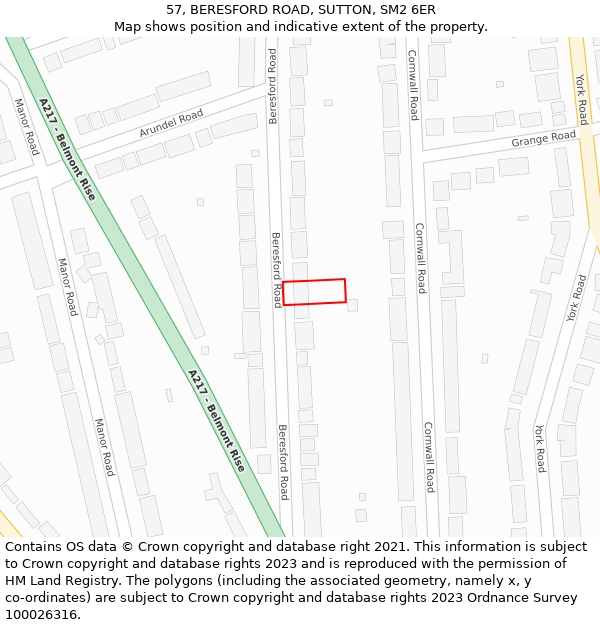 57, BERESFORD ROAD, SUTTON, SM2 6ER: Location map and indicative extent of plot