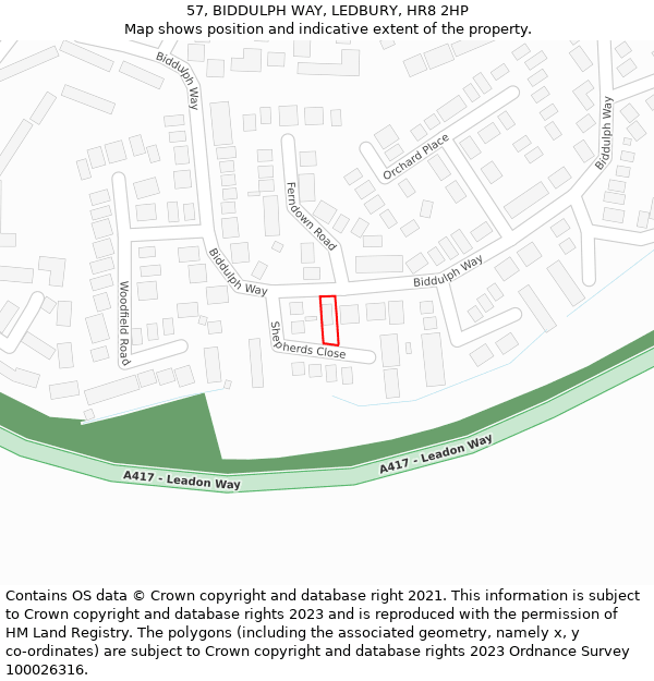 57, BIDDULPH WAY, LEDBURY, HR8 2HP: Location map and indicative extent of plot