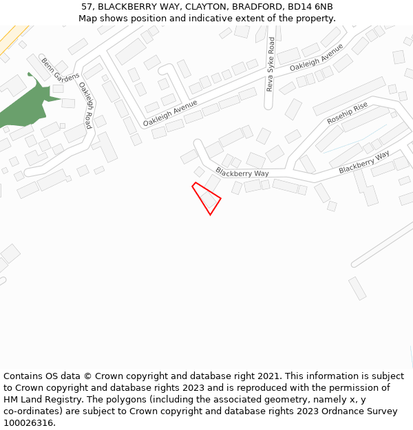 57, BLACKBERRY WAY, CLAYTON, BRADFORD, BD14 6NB: Location map and indicative extent of plot