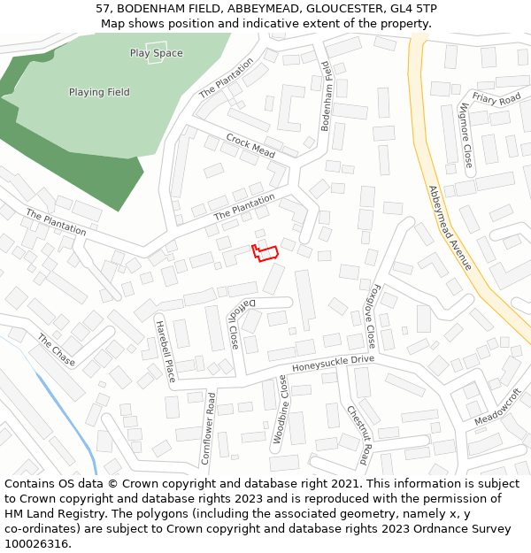 57, BODENHAM FIELD, ABBEYMEAD, GLOUCESTER, GL4 5TP: Location map and indicative extent of plot