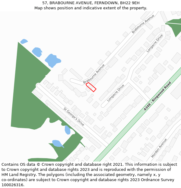 57, BRABOURNE AVENUE, FERNDOWN, BH22 9EH: Location map and indicative extent of plot