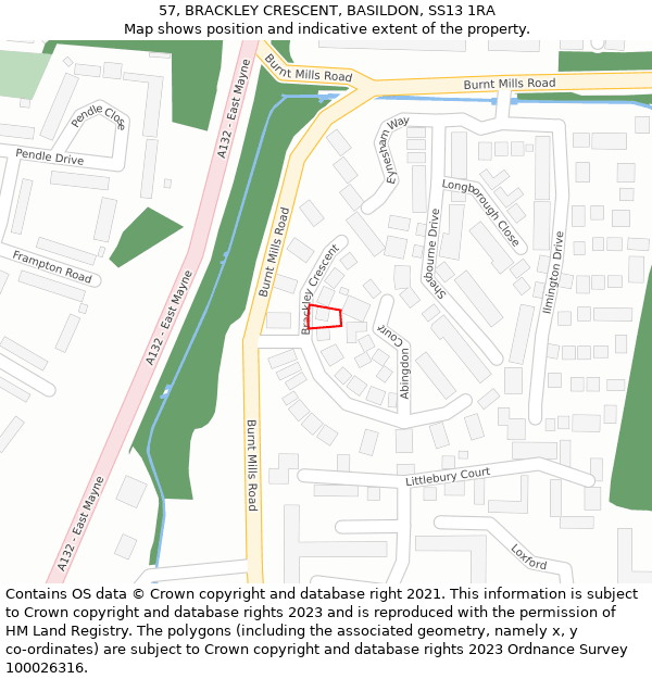 57, BRACKLEY CRESCENT, BASILDON, SS13 1RA: Location map and indicative extent of plot