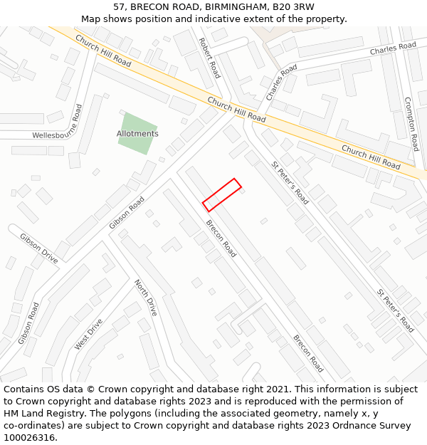 57, BRECON ROAD, BIRMINGHAM, B20 3RW: Location map and indicative extent of plot