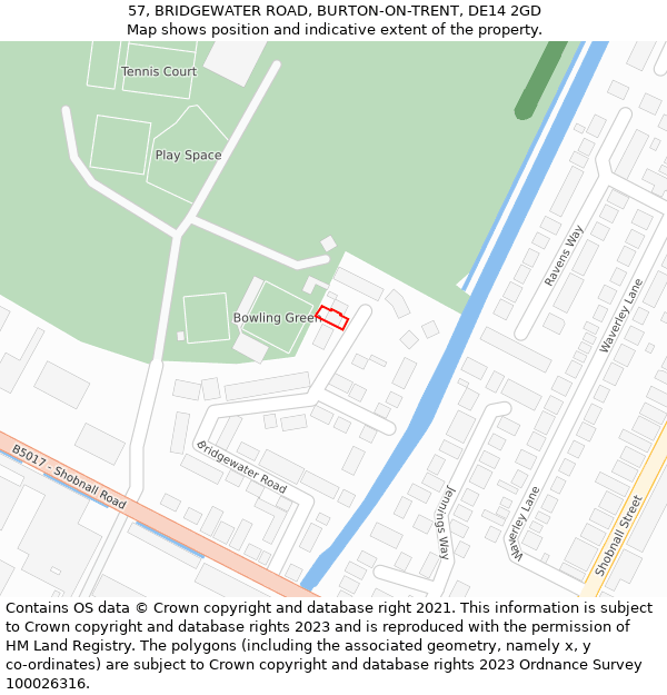 57, BRIDGEWATER ROAD, BURTON-ON-TRENT, DE14 2GD: Location map and indicative extent of plot