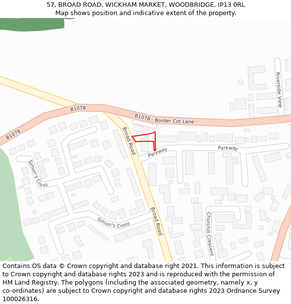 57, BROAD ROAD, WICKHAM MARKET, WOODBRIDGE, IP13 0RL: Location map and indicative extent of plot
