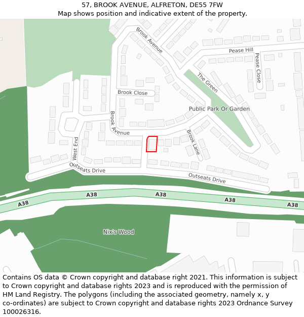 57, BROOK AVENUE, ALFRETON, DE55 7FW: Location map and indicative extent of plot