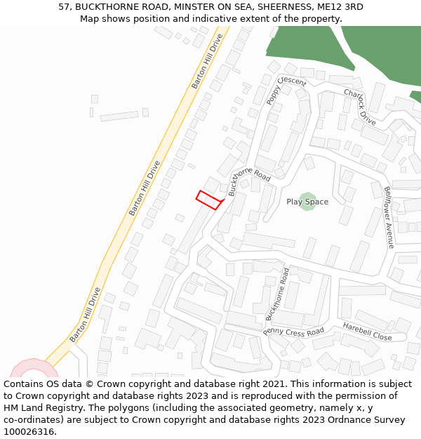 57, BUCKTHORNE ROAD, MINSTER ON SEA, SHEERNESS, ME12 3RD: Location map and indicative extent of plot