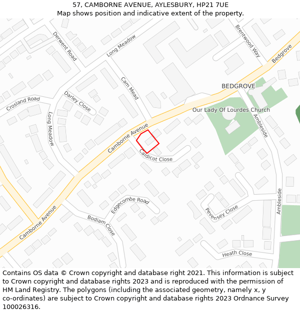 57, CAMBORNE AVENUE, AYLESBURY, HP21 7UE: Location map and indicative extent of plot