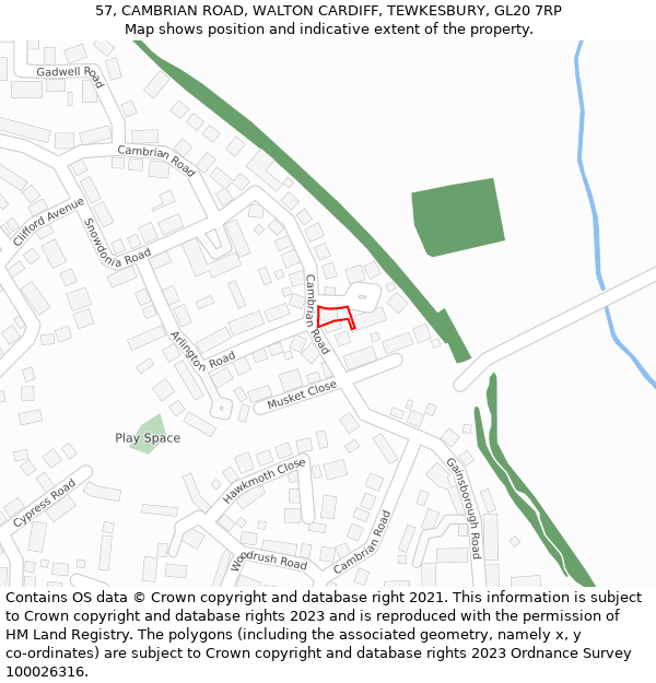 57, CAMBRIAN ROAD, WALTON CARDIFF, TEWKESBURY, GL20 7RP: Location map and indicative extent of plot