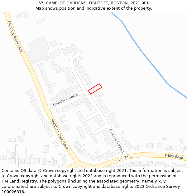 57, CAMELOT GARDENS, FISHTOFT, BOSTON, PE21 9RP: Location map and indicative extent of plot