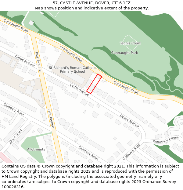 57, CASTLE AVENUE, DOVER, CT16 1EZ: Location map and indicative extent of plot