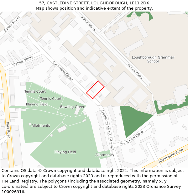 57, CASTLEDINE STREET, LOUGHBOROUGH, LE11 2DX: Location map and indicative extent of plot