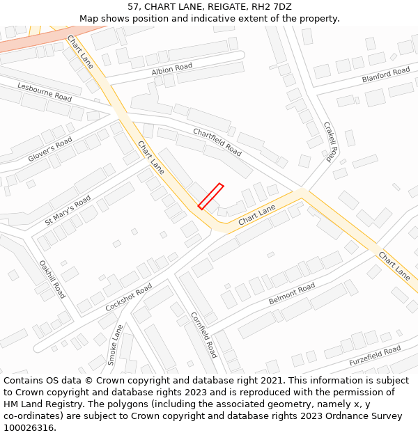 57, CHART LANE, REIGATE, RH2 7DZ: Location map and indicative extent of plot