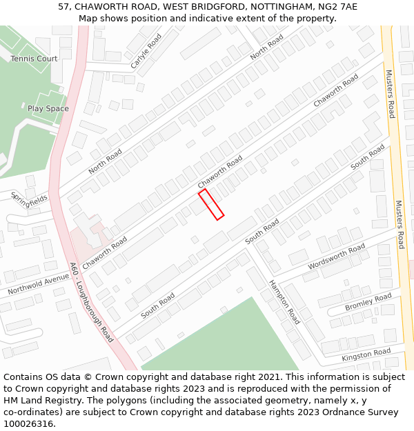 57, CHAWORTH ROAD, WEST BRIDGFORD, NOTTINGHAM, NG2 7AE: Location map and indicative extent of plot