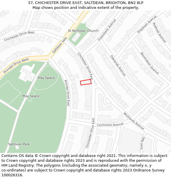 57, CHICHESTER DRIVE EAST, SALTDEAN, BRIGHTON, BN2 8LP: Location map and indicative extent of plot